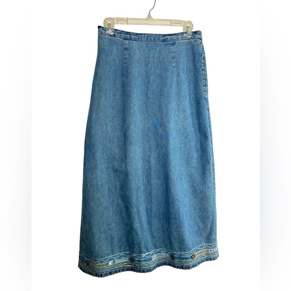 VTG Denim Maxi Skirt Small Elastic Waist Embroidered Y2K Modest Cottagecore 90's - Picture 2 of 13